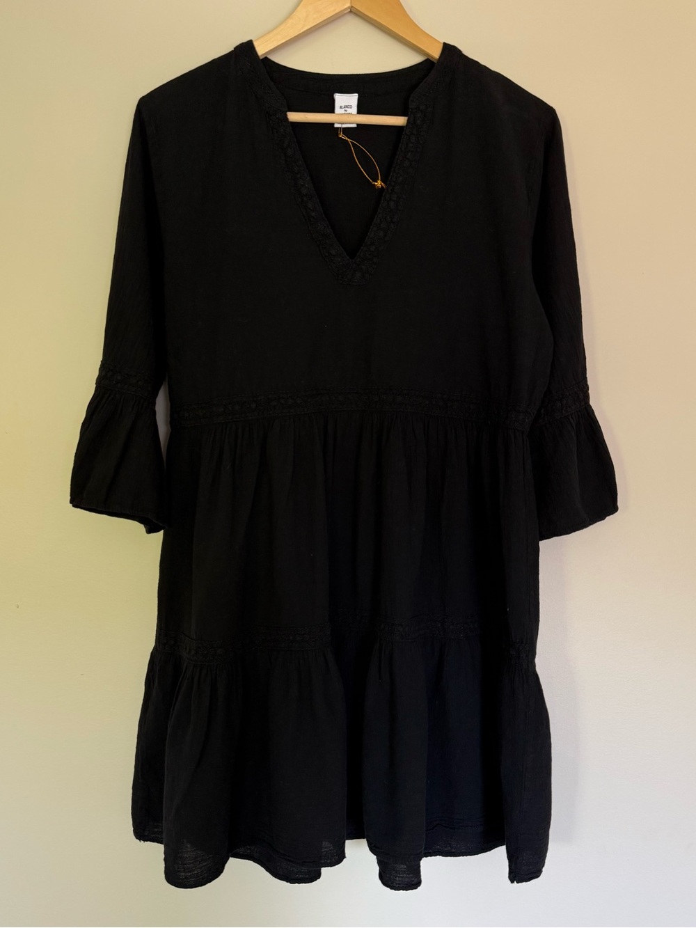 Blanco by Nature Gabbi Dress Long Sleeve V-Neck 100% Cotton Black Tunic Sz L